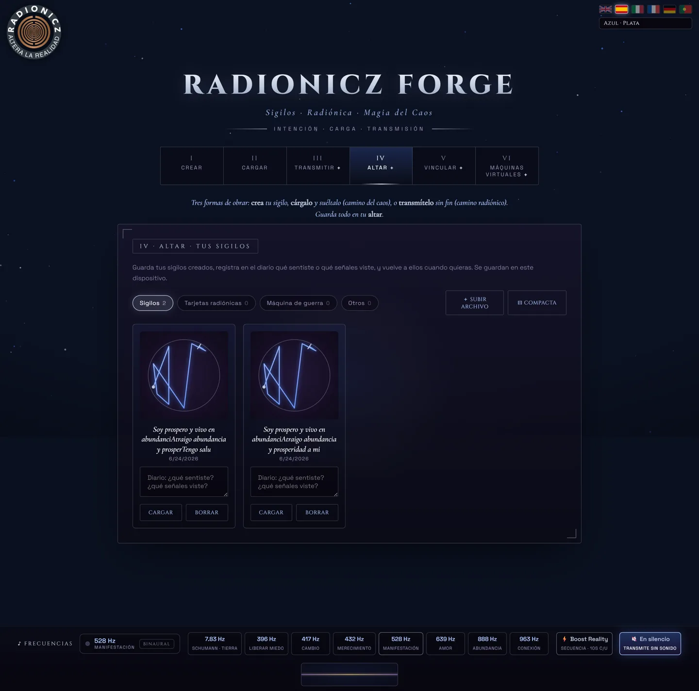 Altar: saved sigils and radionic cards